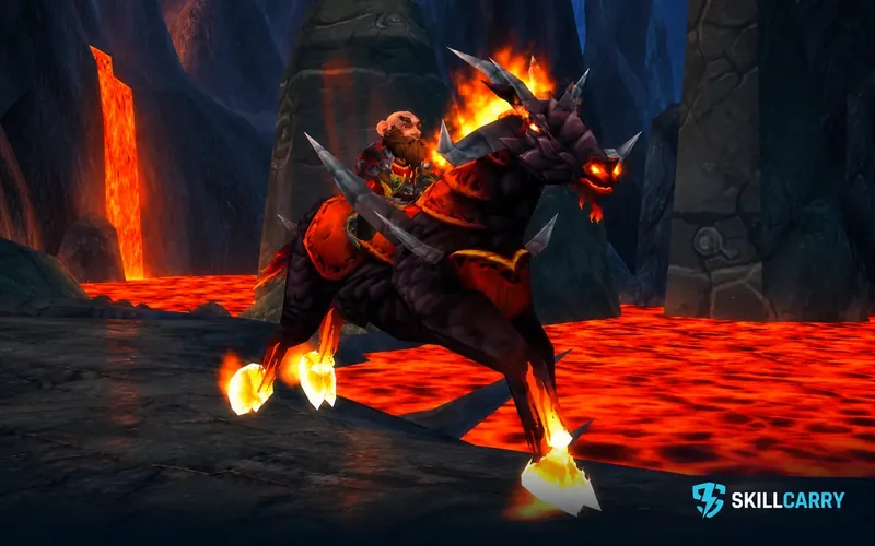 Warlock riding a Dreadsteed with fiery hooves and red armor beside lava