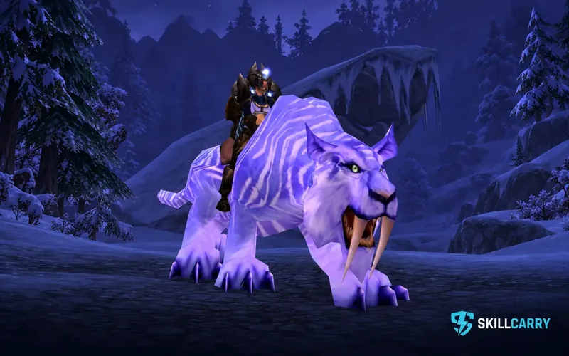 Armored rider on a lavender Winterspring Frostsaber in a snowy purple landscape
