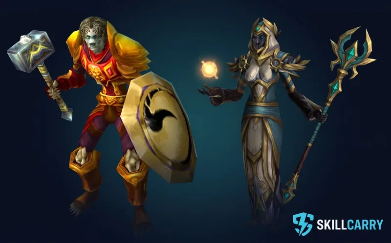 A paladin in plate armor and a priest with a glowing staff on a raised stone step above seven other adventurers, illustrating the WoW Forever class tiers