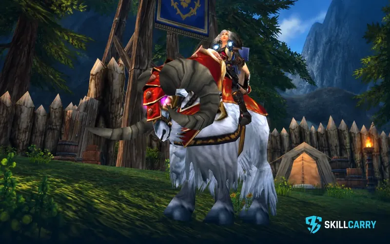 Armored rider on a white Stormpike Battle Charger with red and gold barding