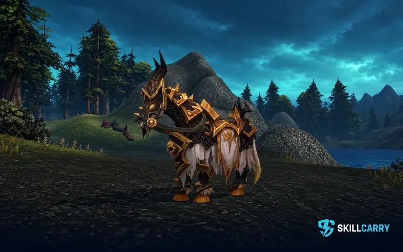 Forsaken Paladin mount with black and gold armor and pale barding in a forest