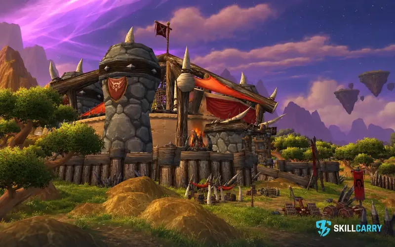 The outdoor Ring of Trials arena in Nagrand beneath the purple Outland sky