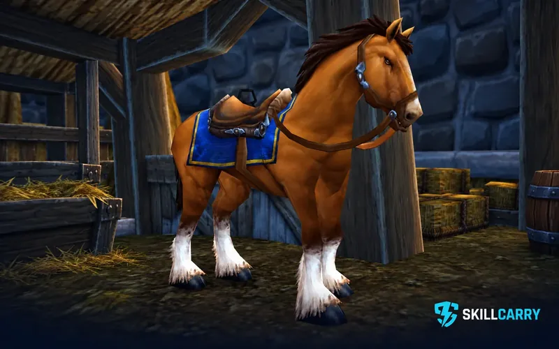 Brown horse with a blue saddlecloth standing inside a wooden Azeroth stable