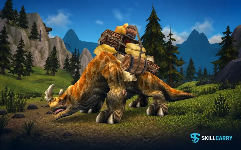 Pack Kodo carrying baskets, barrels and yellow sacks on a grassy Azeroth hillside