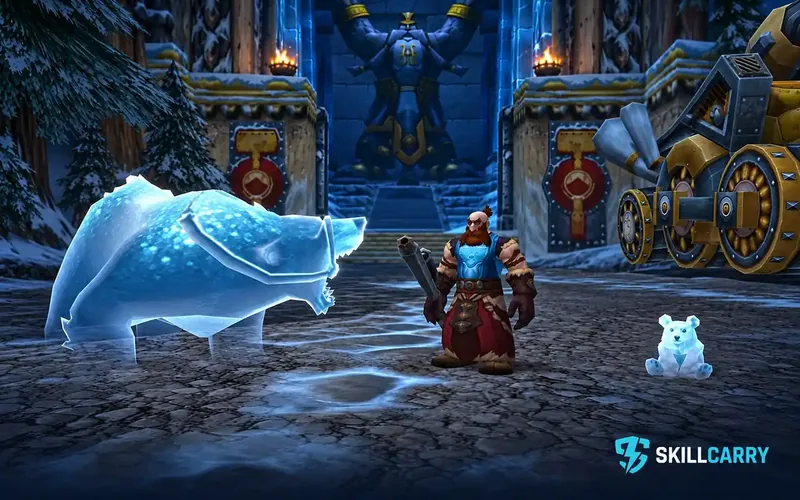 Spectral Bear and bear cub beside a dwarf at an Azeroth fortress gate