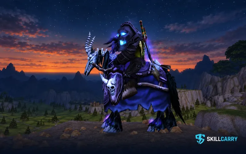 Rivendare's Deathcharger with purple barding and an armored rider on a rocky ridge