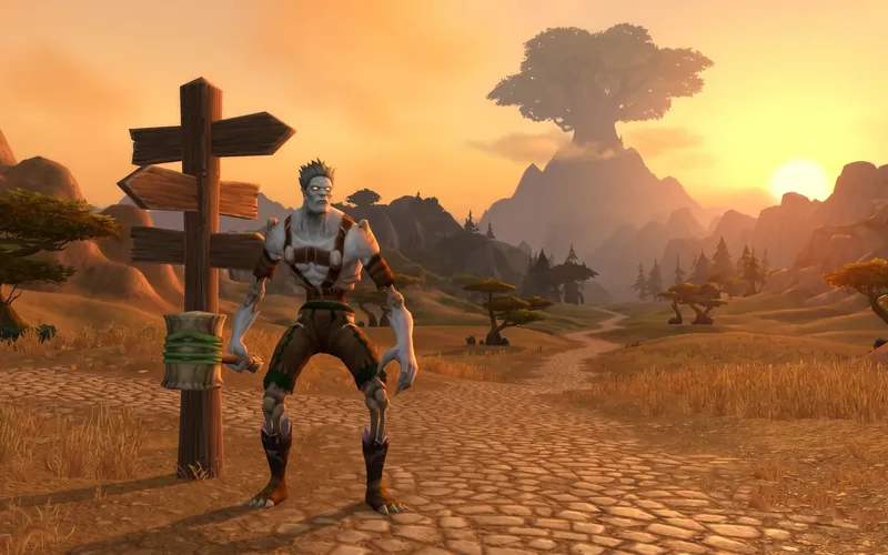 An adventurer on a ground mount riding past a quest hub toward distant mountains, the long road from level 1 to 60 in WoW Forever