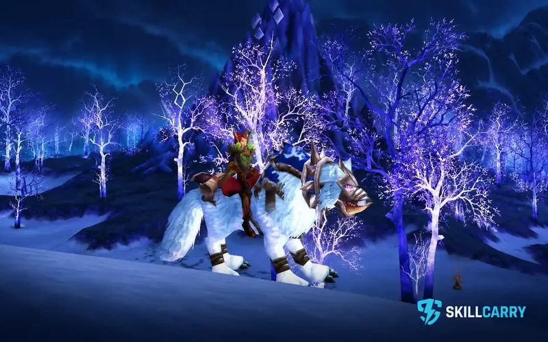 A Horde rider on a white Frostwolf Howler among purple trees and snow