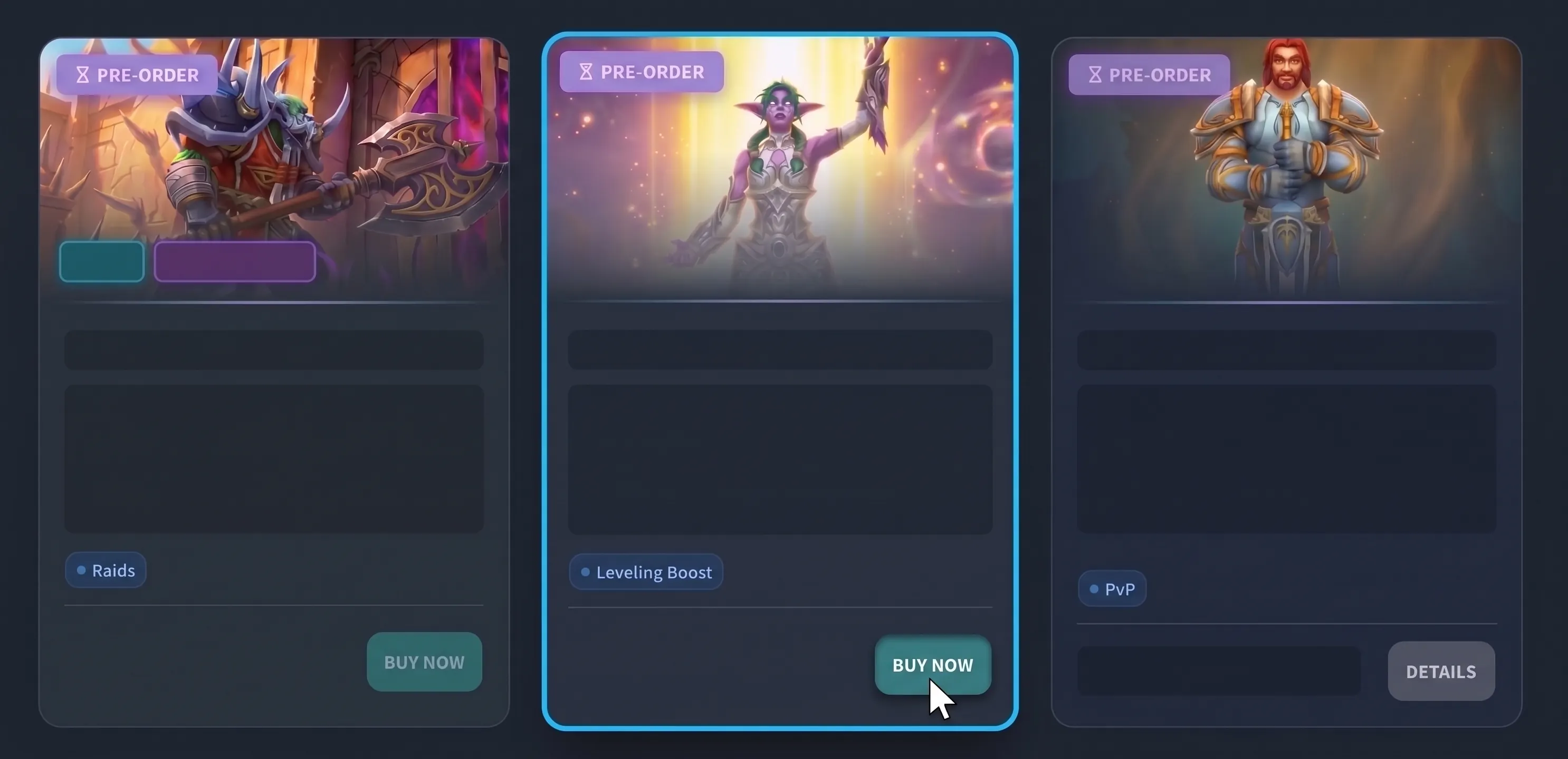 Service cards with a highlighted Buy now button