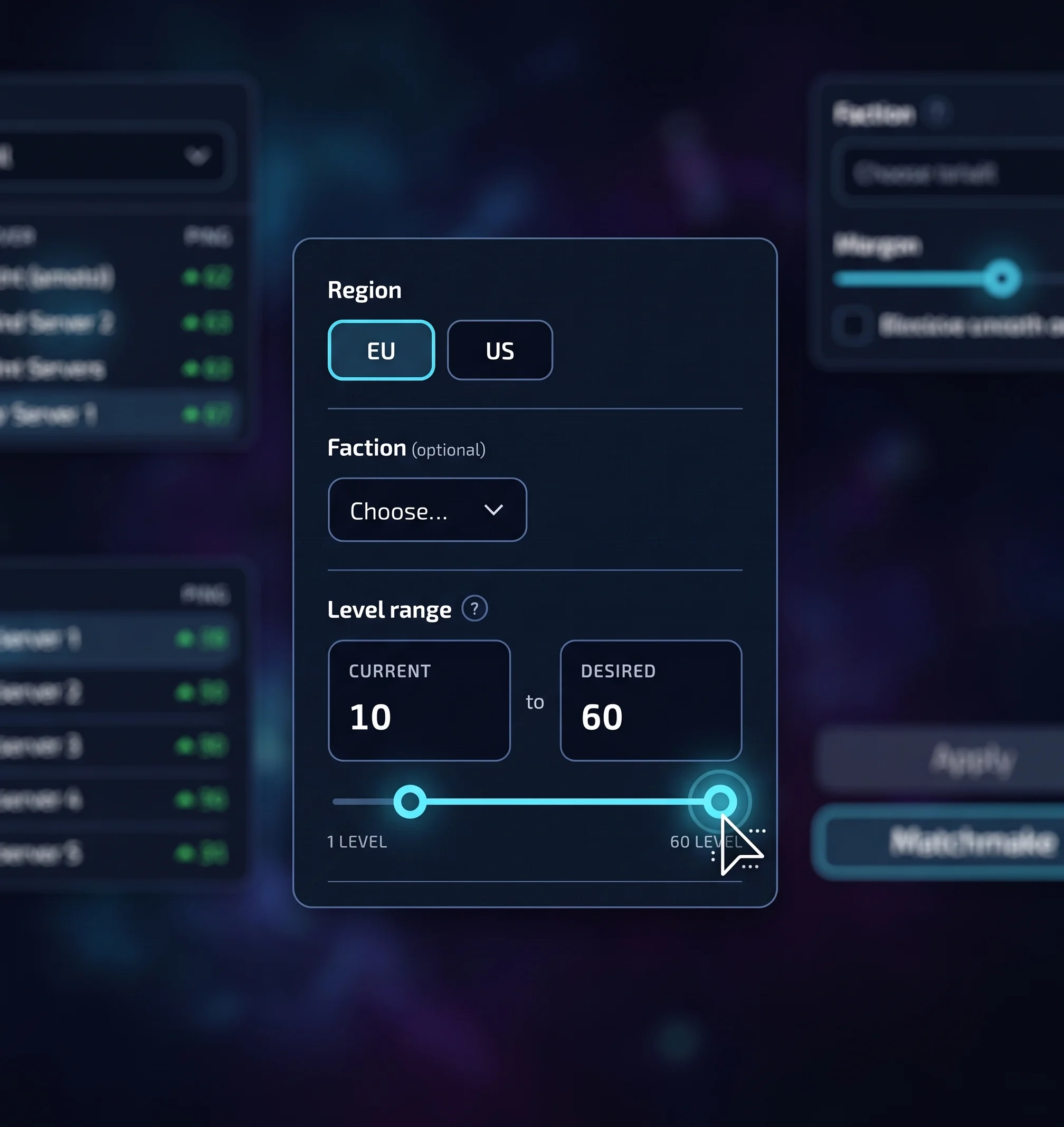 Region selection and a slider for current and desired levels