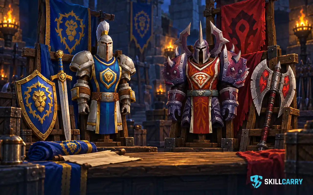 Illustrated Alliance and Horde PvP reward goals.