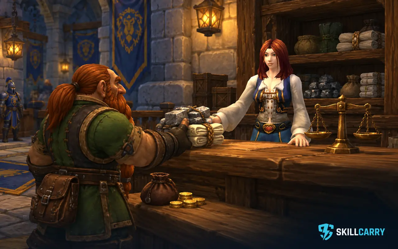 Auction House scene with a customer and material stock.