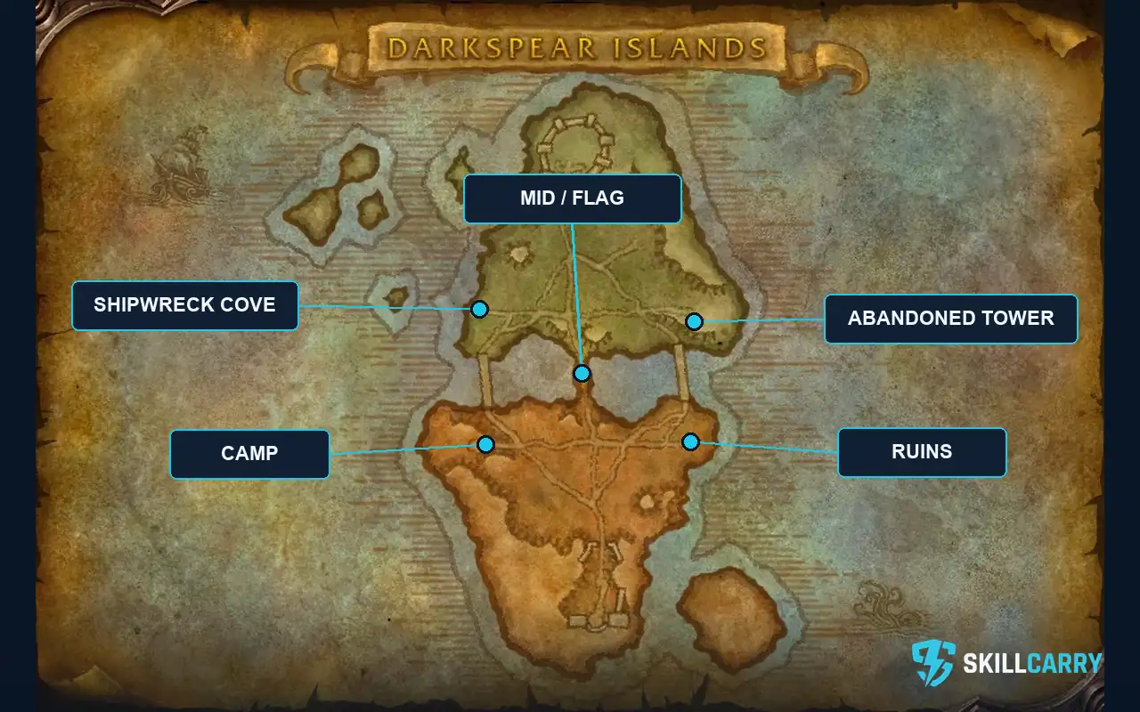 Darkspear Islands map with four base labels and the central flag.