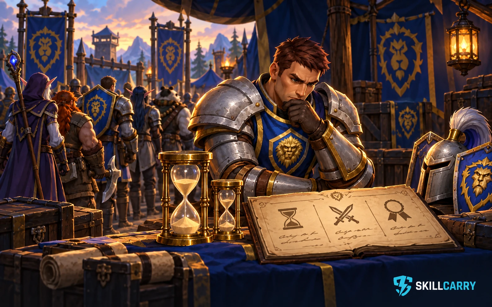 Illustrated battleground queue, hourglasses and session ledger.